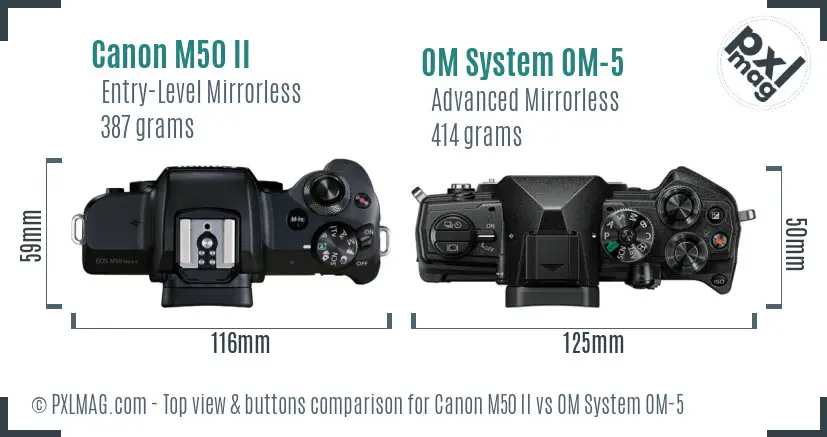 Canon M50 II vs OM System OM-5 top view buttons comparison