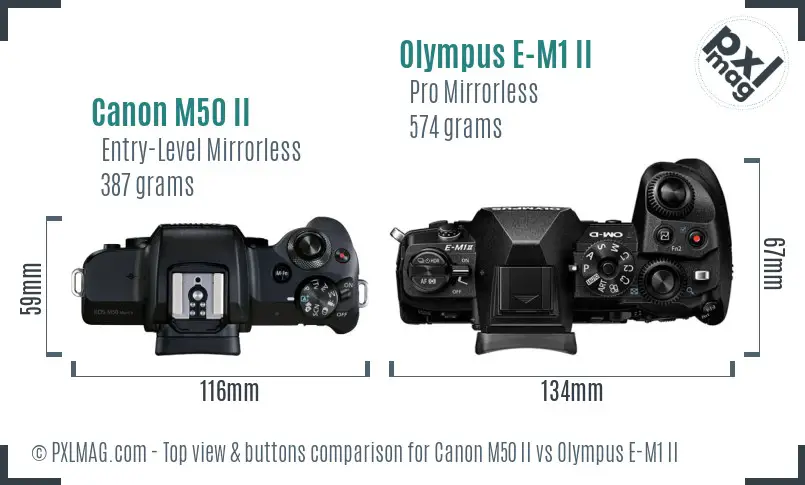 Canon M50 II vs Olympus E-M1 II top view buttons comparison