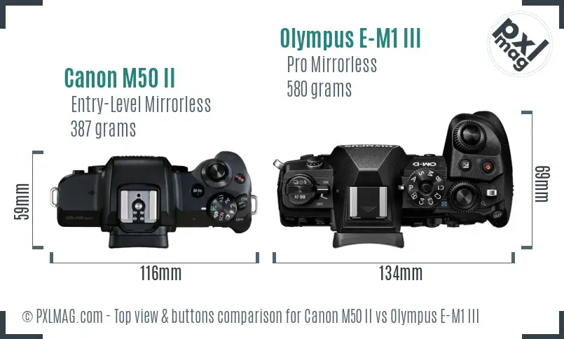 Canon M50 II vs Olympus E-M1 III top view buttons comparison