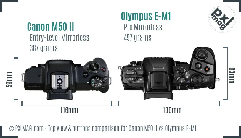 Canon M50 II vs Olympus E-M1 top view buttons comparison Canon M50 II vs Olympus E-M1 top view buttons comparison