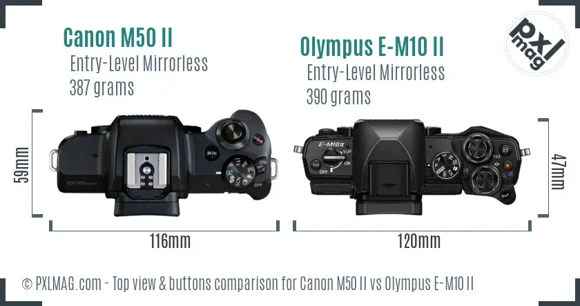 Canon M50 II vs Olympus E-M10 II top view buttons comparison