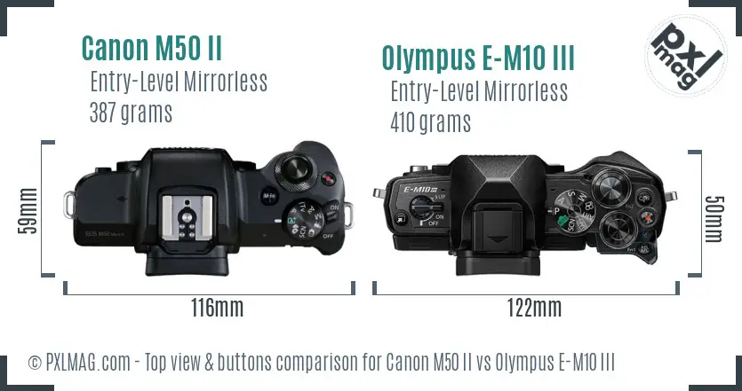 Canon M50 II vs Olympus E-M10 III top view buttons comparison
