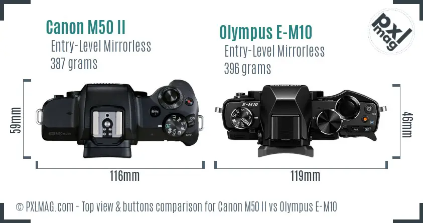 Canon M50 II vs Olympus E-M10 top view buttons comparison