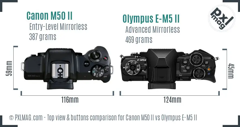 Canon M50 II vs Olympus E-M5 II top view buttons comparison
