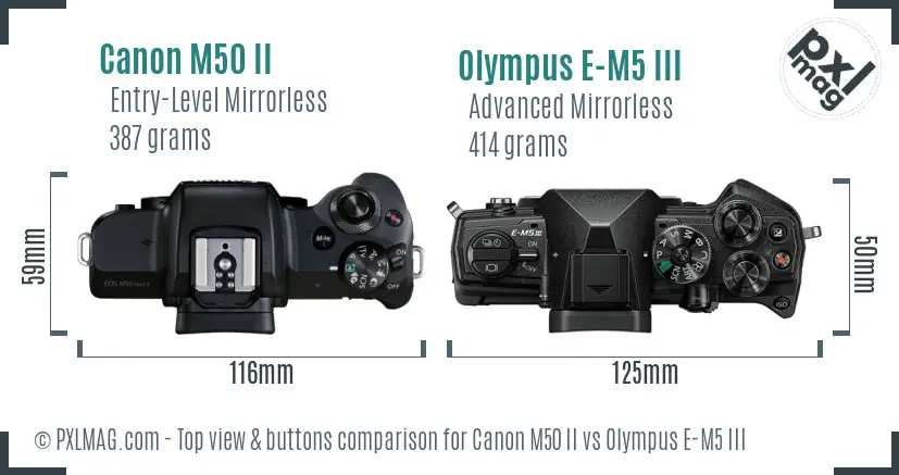 Canon M50 II vs Olympus E-M5 III top view buttons comparison