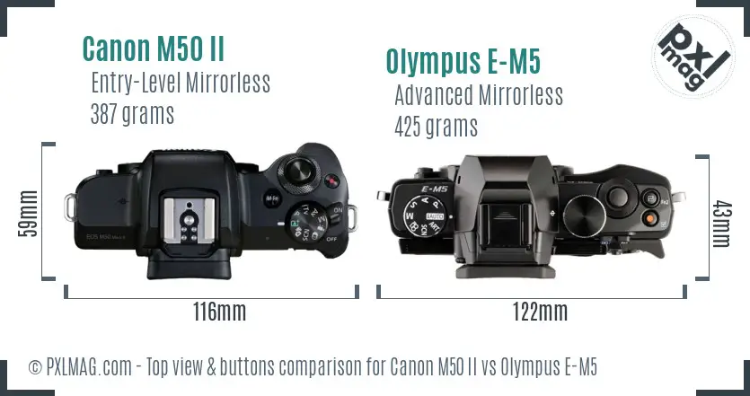 Canon M50 II vs Olympus E-M5 top view buttons comparison