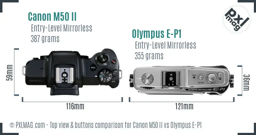 Canon M50 II vs Olympus E-P1 top view buttons comparison