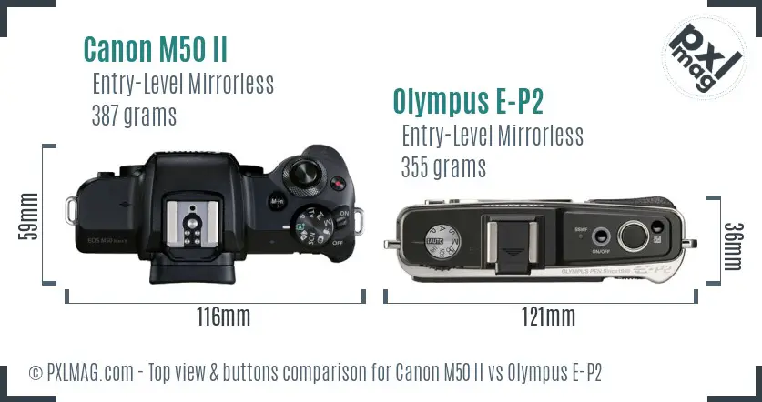 Canon M50 II vs Olympus E-P2 top view buttons comparison
