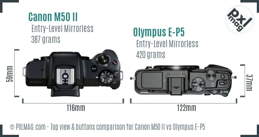 Canon M50 II vs Olympus E-P5 top view buttons comparison
