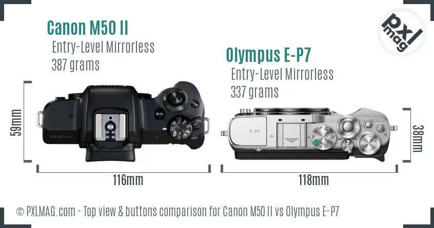 Canon M50 II vs Olympus E-P7 top view buttons comparison
