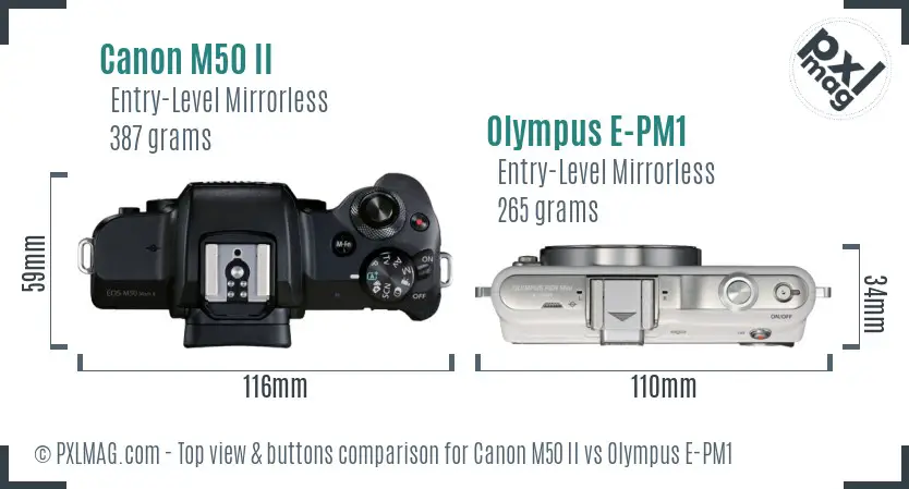 Canon M50 II vs Olympus E-PM1 top view buttons comparison