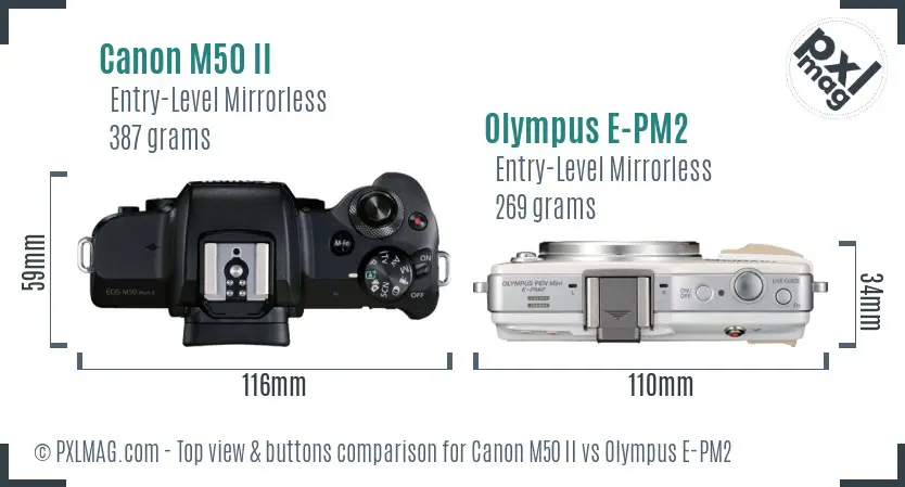 Canon M50 II vs Olympus E-PM2 top view buttons comparison