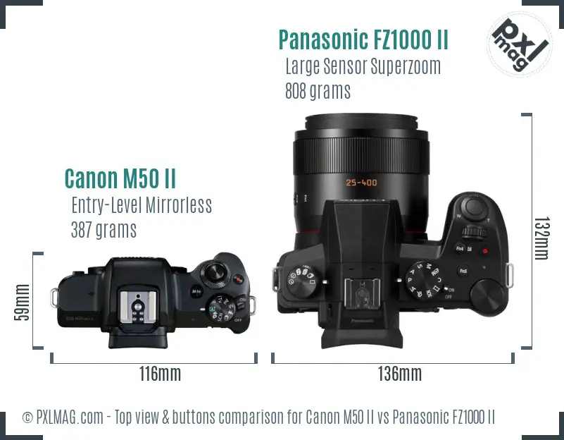 Canon M50 II vs Panasonic FZ1000 II top view buttons comparison Canon M50 II vs Panasonic FZ1000 II top view buttons comparison