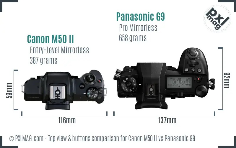 Canon M50 II vs Panasonic G9 top view buttons comparison