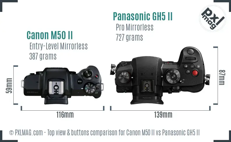 Canon M50 II vs Panasonic GH5 II top view buttons comparison