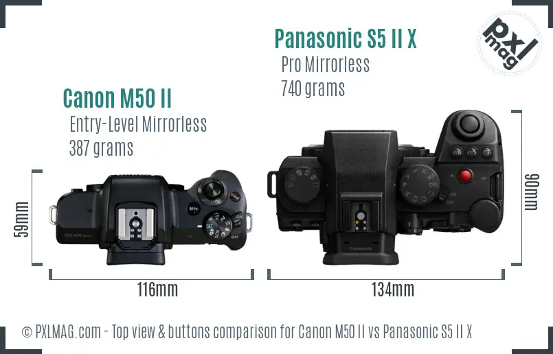 Canon M50 II vs Panasonic S5 II X top view buttons comparison Canon M50 II vs Panasonic S5 II X top view buttons comparison