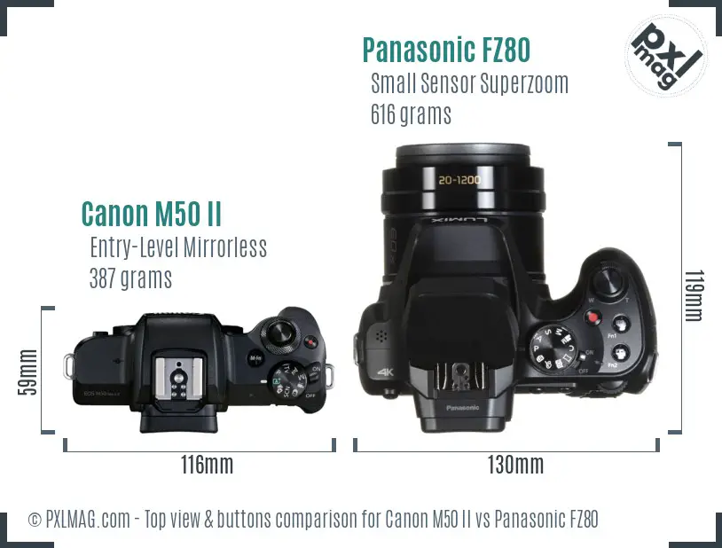 Canon M50 II vs Panasonic FZ80 top view buttons comparison Canon M50 II vs Panasonic FZ80 top view buttons comparison