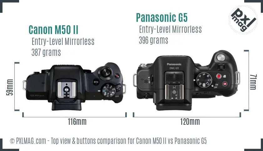 Canon M50 II vs Panasonic G5 top view buttons comparison