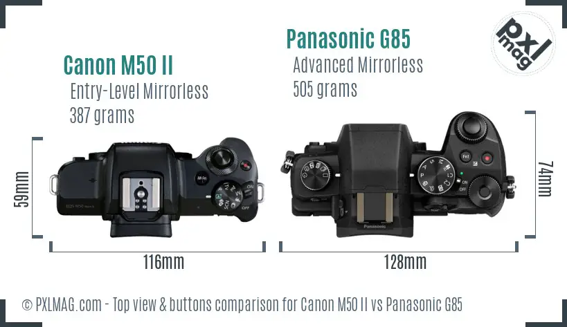 Canon M50 II vs Panasonic G85 top view buttons comparison