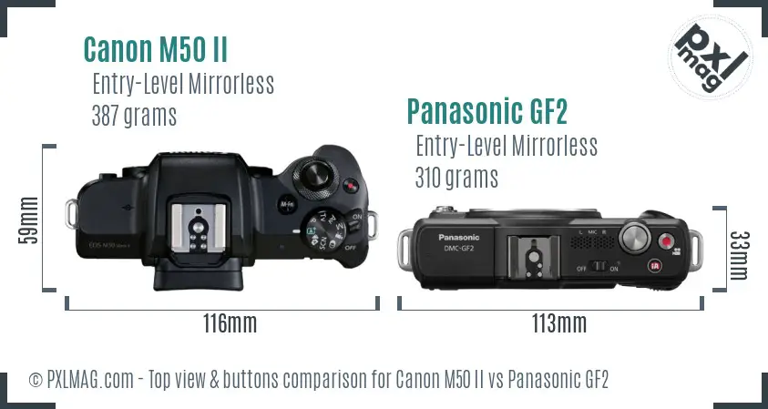 Canon M50 II vs Panasonic GF2 top view buttons comparison