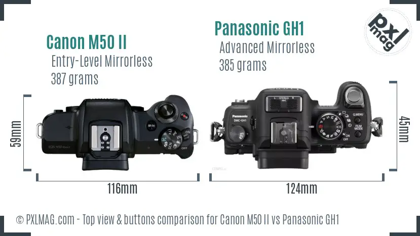 Canon M50 II vs Panasonic GH1 top view buttons comparison