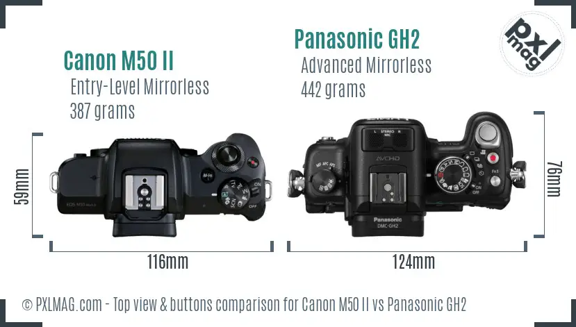Canon M50 II vs Panasonic GH2 top view buttons comparison