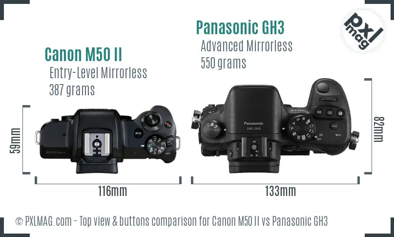 Canon M50 II vs Panasonic GH3 top view buttons comparison Canon M50 II vs Panasonic GH3 top view buttons comparison