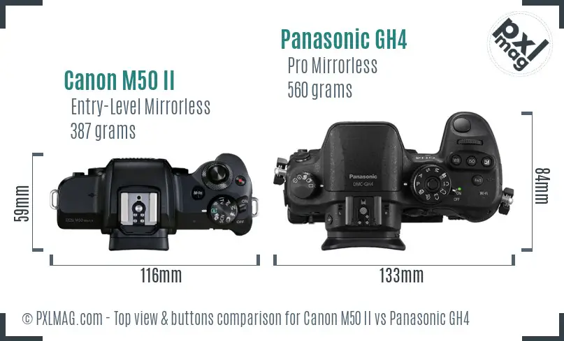 Canon M50 II vs Panasonic GH4 top view buttons comparison