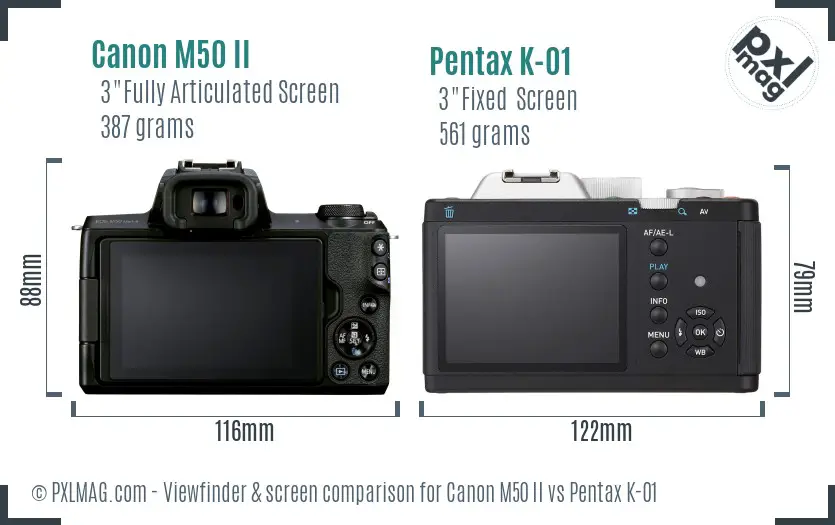 Canon M50 II vs Pentax K-01 Screen and Viewfinder comparison