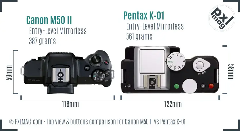 Canon M50 II vs Pentax K-01 top view buttons comparison