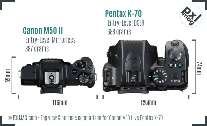 Canon M50 II vs Pentax K-70 top view buttons comparison Canon M50 II vs Pentax K-70 top view buttons comparison