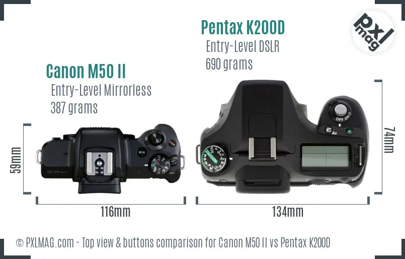 Canon M50 II vs Pentax K200D top view buttons comparison