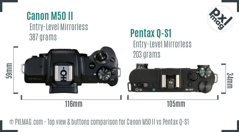 Canon M50 II vs Pentax Q-S1 top view buttons comparison