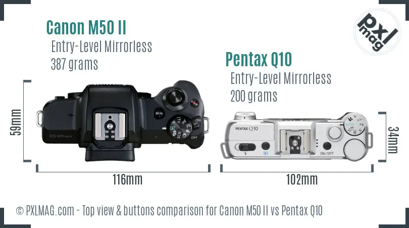 Canon M50 II vs Pentax Q10 top view buttons comparison