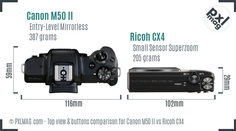 Canon M50 II vs Ricoh CX4 top view buttons comparison