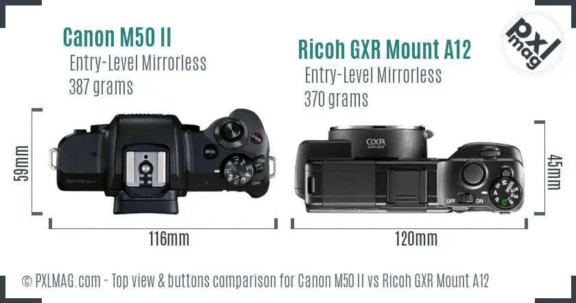 Canon M50 II vs Ricoh GXR Mount A12 top view buttons comparison