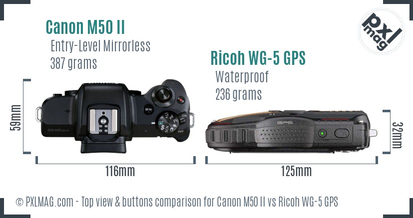 Canon M50 II vs Ricoh WG-5 GPS top view buttons comparison