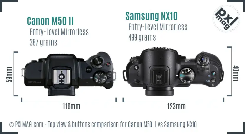 Canon M50 II vs Samsung NX10 top view buttons comparison