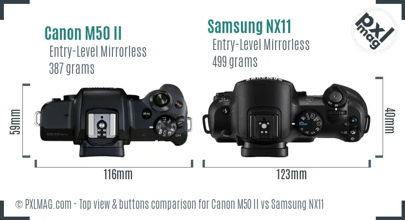 Canon M50 II vs Samsung NX11 top view buttons comparison