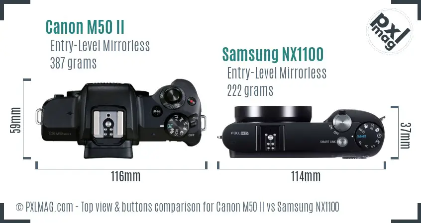 Canon M50 II vs Samsung NX1100 top view buttons comparison