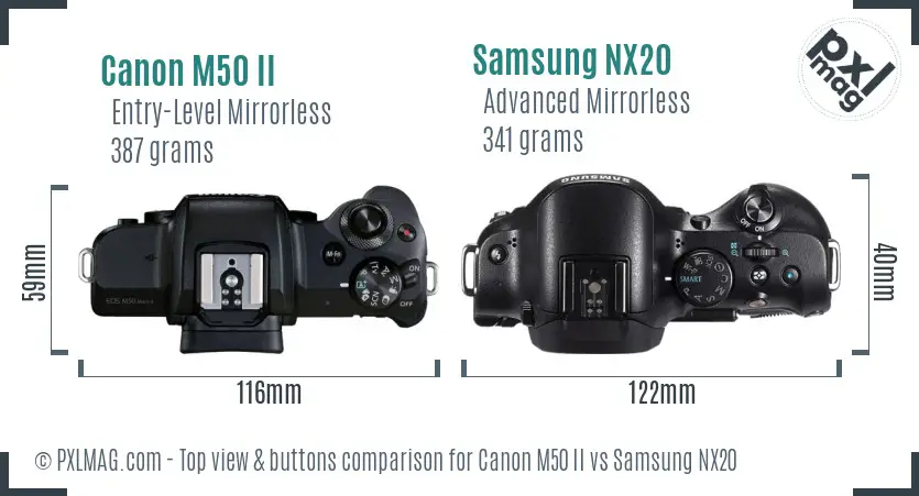 Canon M50 II vs Samsung NX20 top view buttons comparison Canon M50 II vs Samsung NX20 top view buttons comparison