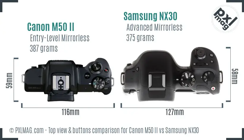 Canon M50 II vs Samsung NX30 top view buttons comparison
