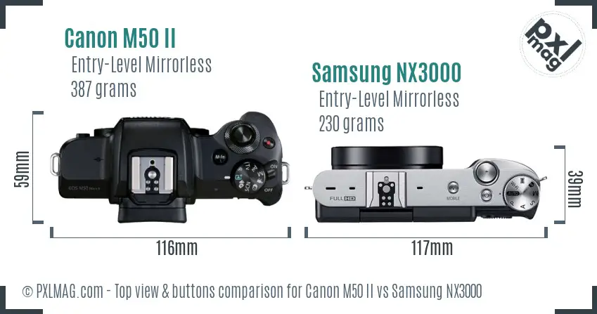 Canon M50 II vs Samsung NX3000 top view buttons comparison