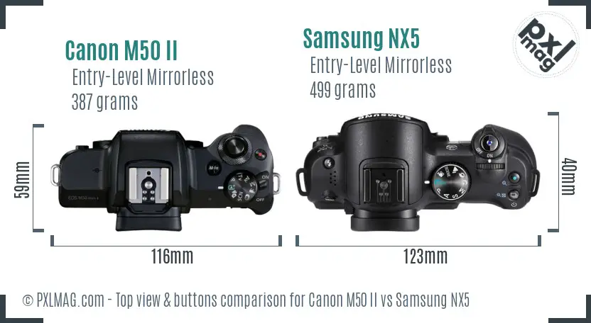 Canon M50 II vs Samsung NX5 top view buttons comparison