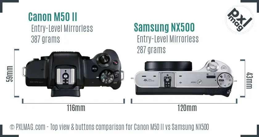 Canon M50 II vs Samsung NX500 top view buttons comparison