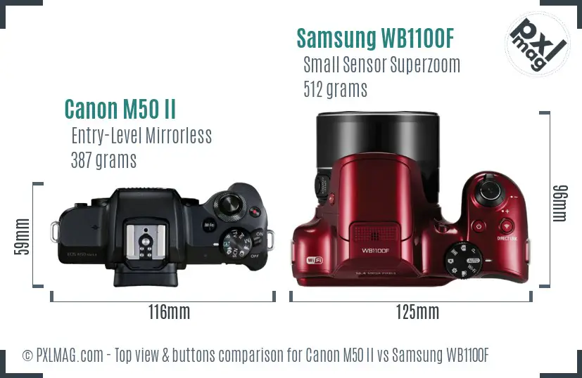 Canon M50 II vs Samsung WB1100F top view buttons comparison Canon M50 II vs Samsung WB1100F top view buttons comparison