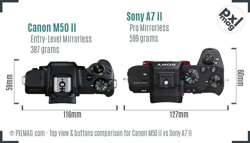 Canon M50 II vs Sony A7 II top view buttons comparison Canon M50 II vs Sony A7 II top view buttons comparison