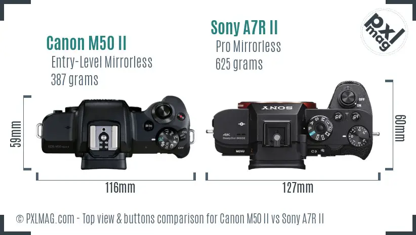 Canon M50 II vs Sony A7R II top view buttons comparison