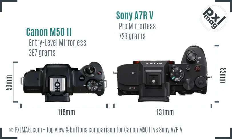 Canon M50 II vs Sony A7R V top view buttons comparison Canon M50 II vs Sony A7R V top view buttons comparison