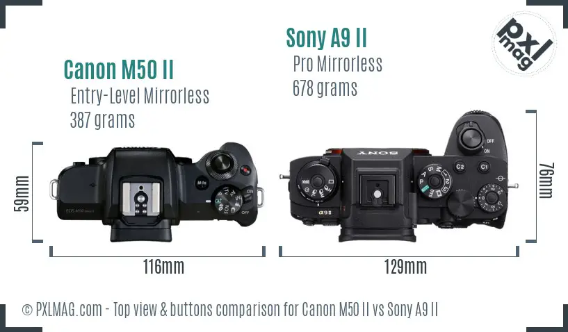 Canon M50 II vs Sony A9 II top view buttons comparison